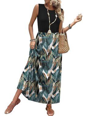Women Black Leaf Pull On A Line Sleeveless Sundresses with Pockets Maxi Dresses